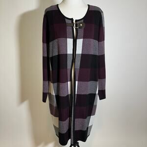 NWT Anne Klein Bordeaux Wine Plaid Cape Buckle Cardigan Sweater Womens Size XL